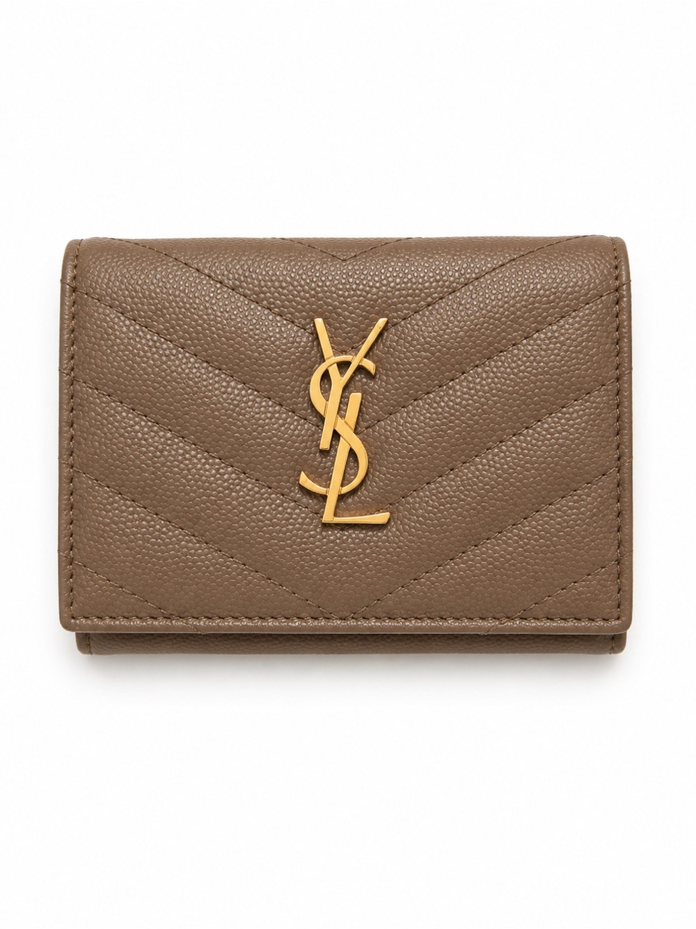 YSL Monogram Compact Trifold Wallet Taupe Grain de Poudre Leather GHW